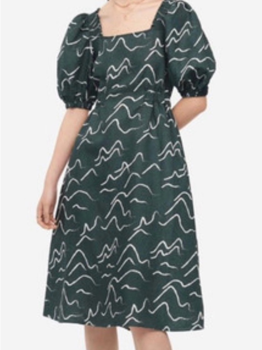 H&M Linen-Blend Puff Sleeve Midi Dress - Dark Green Abstract Scribble - Size Med